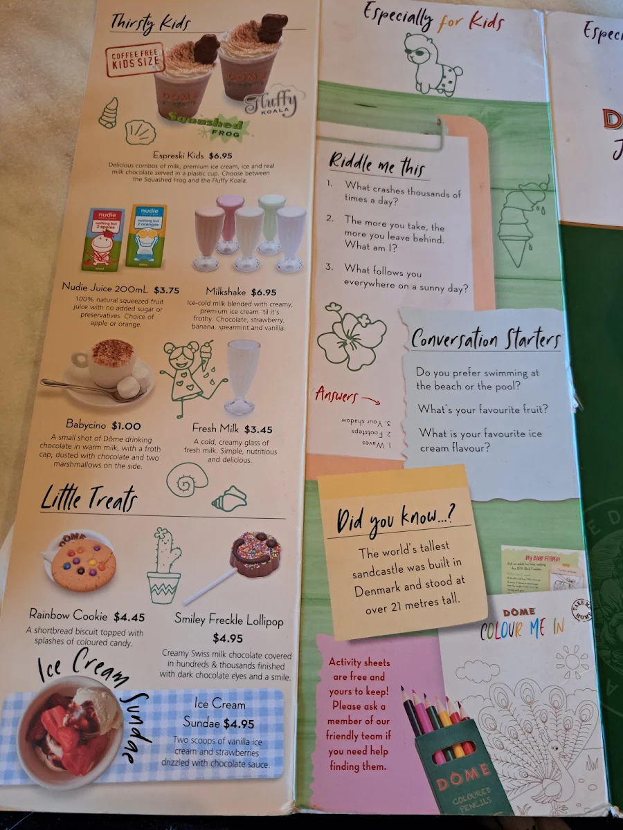 Menu, Dôme Café - Mullaloo