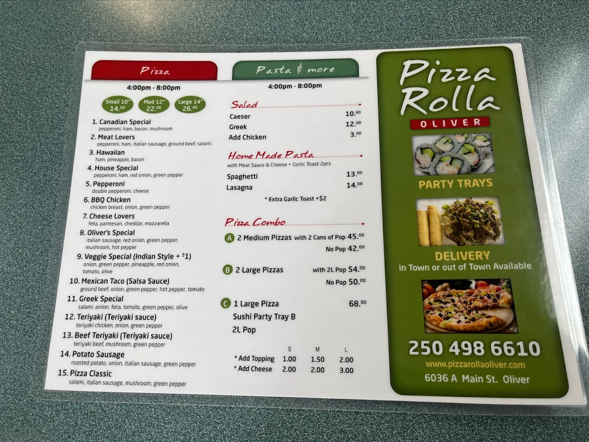 Menu, Pizza Rolla