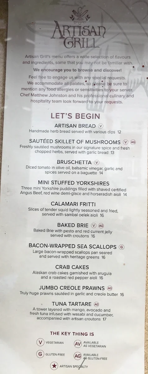Menu, Artisan Grill