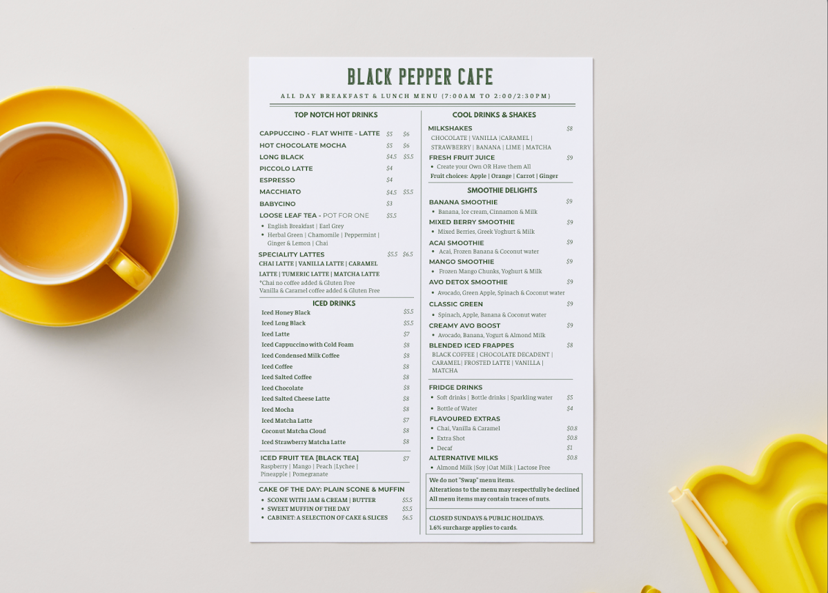 Menu, Black Pepper Cafe
