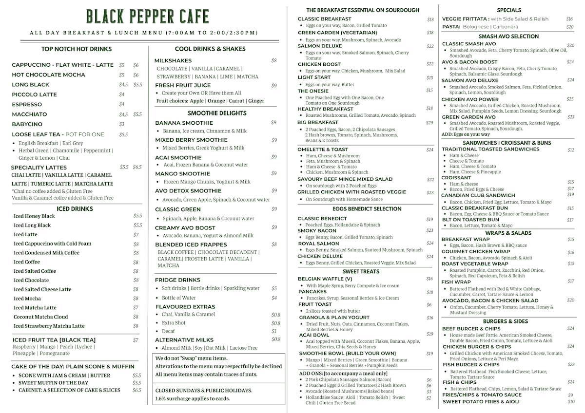 Menu, Black Pepper Cafe