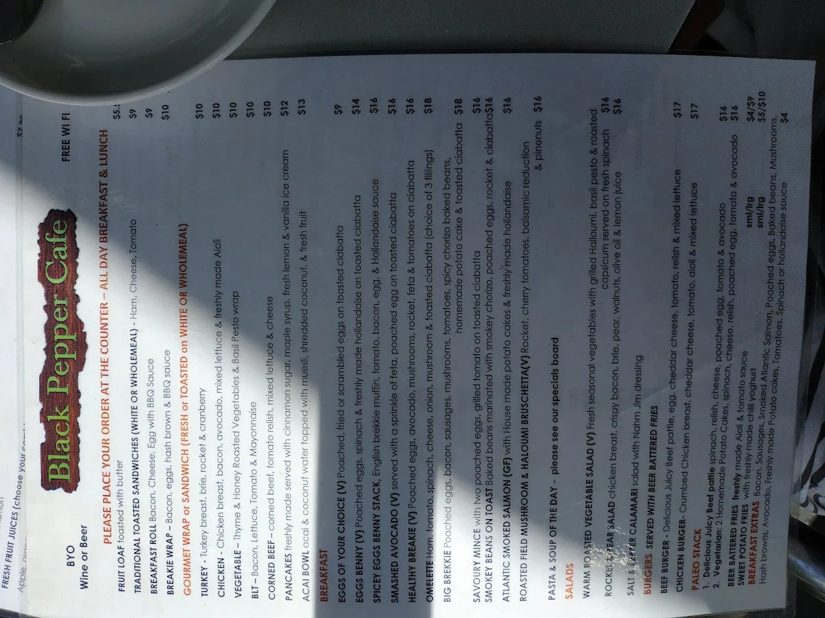 Menu, Black Pepper Cafe