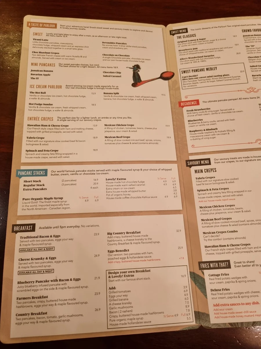 Menu, The Pancake Parlour