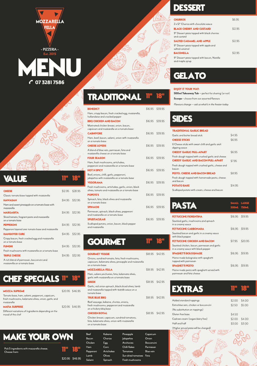 Menu, Mozzarella Fella Pizzeria