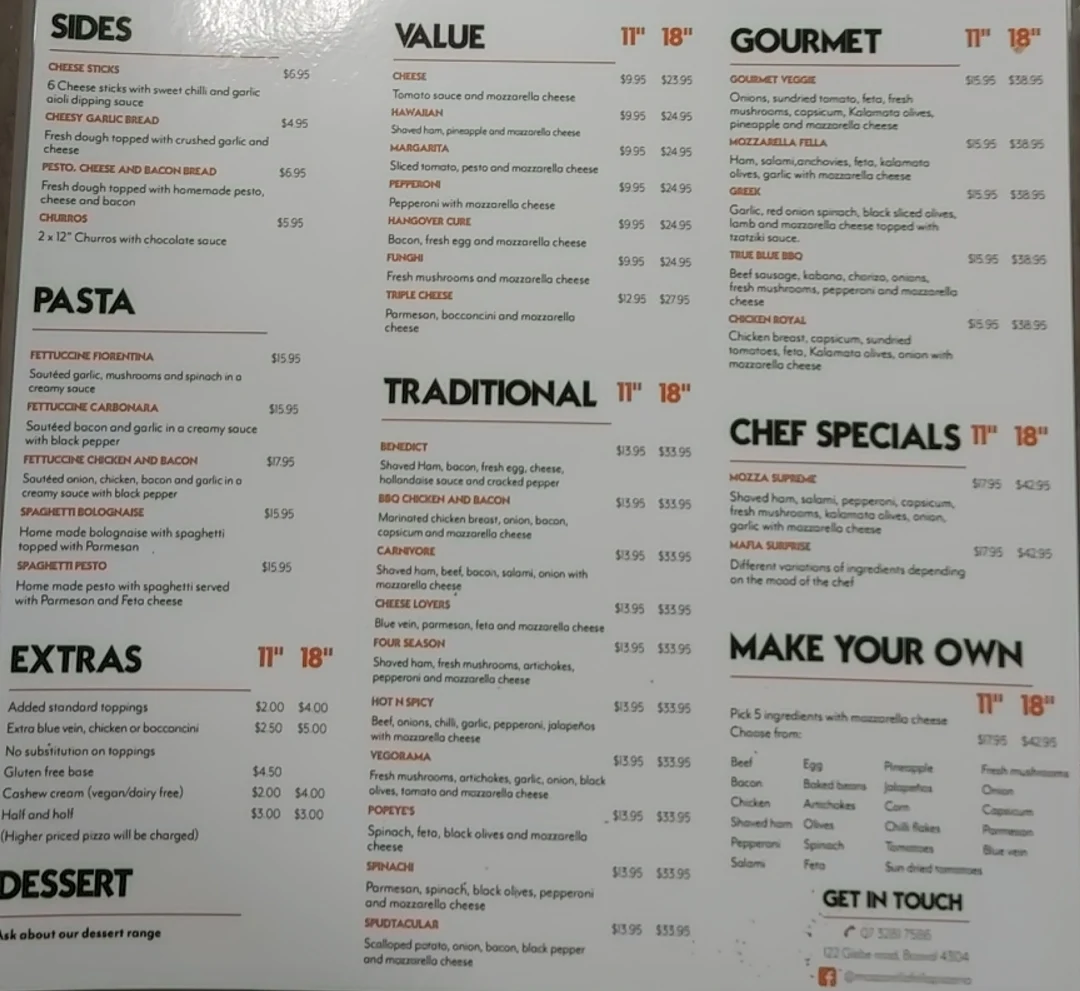 Menu, Mozzarella Fella Pizzeria