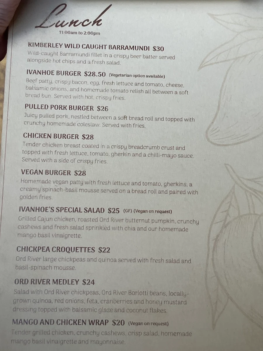 Menu, Ivanhoe Cafe