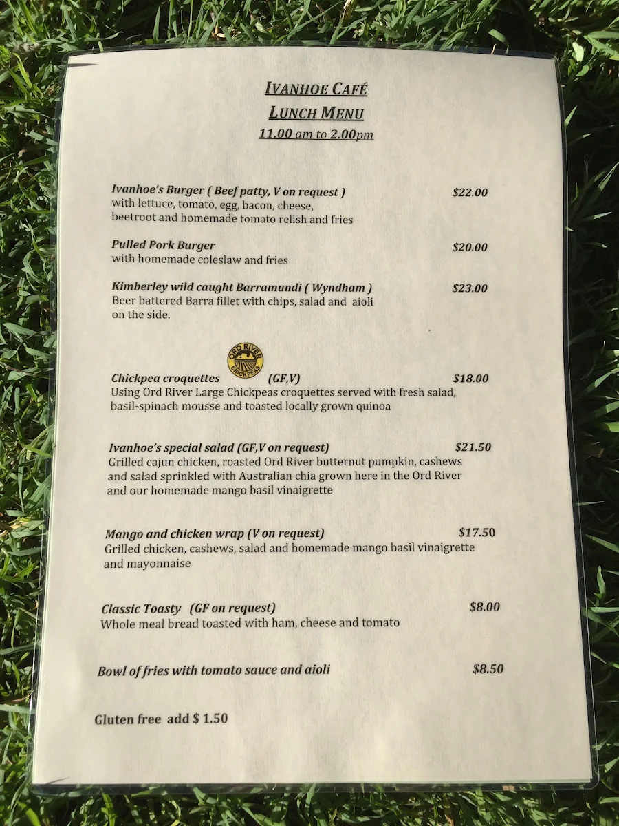Menu, Ivanhoe Cafe