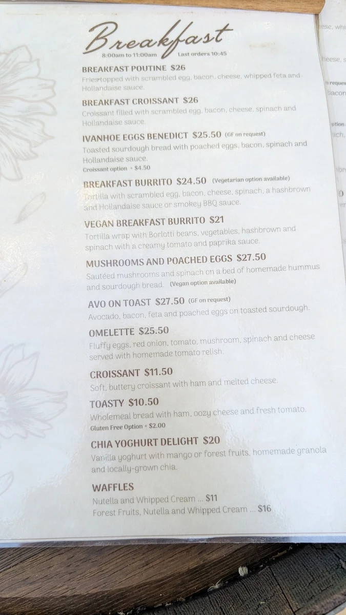 Menu, Ivanhoe Cafe