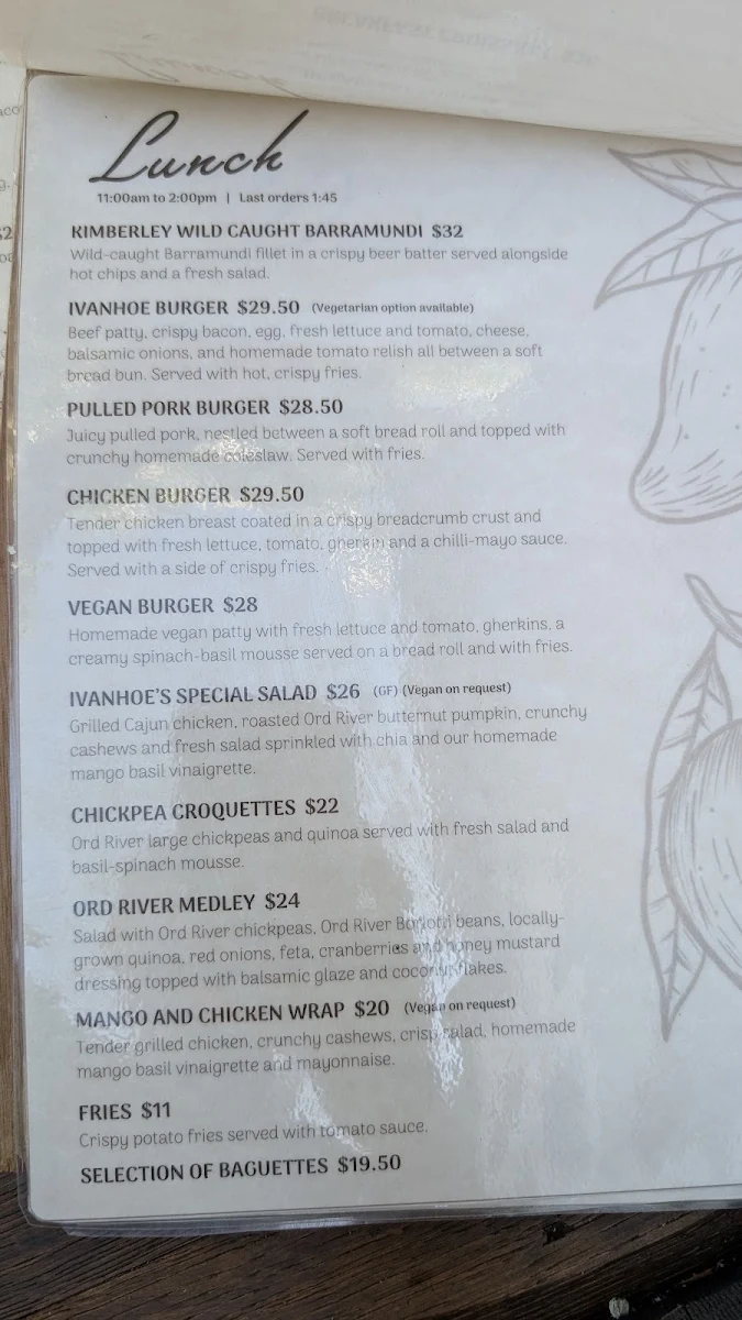 Menu, Ivanhoe Cafe