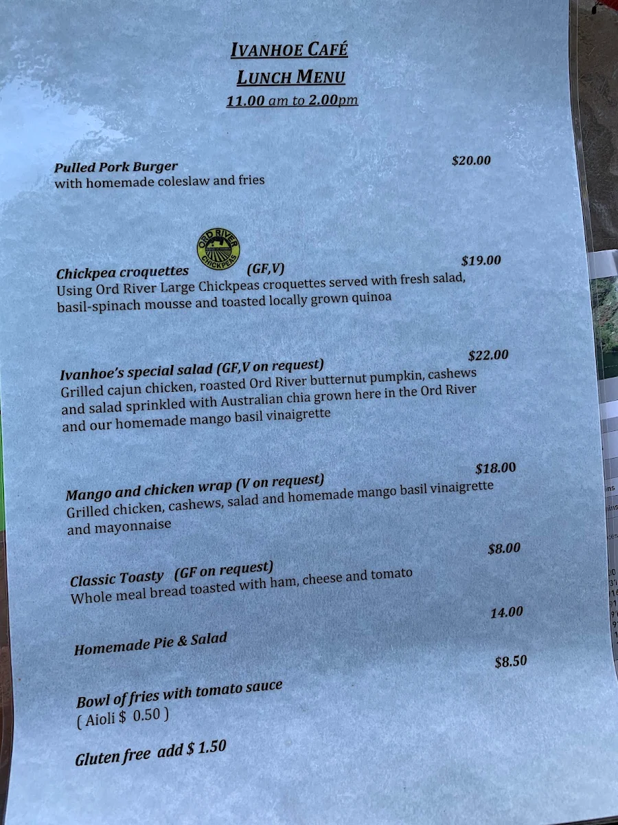 Menu, Ivanhoe Cafe