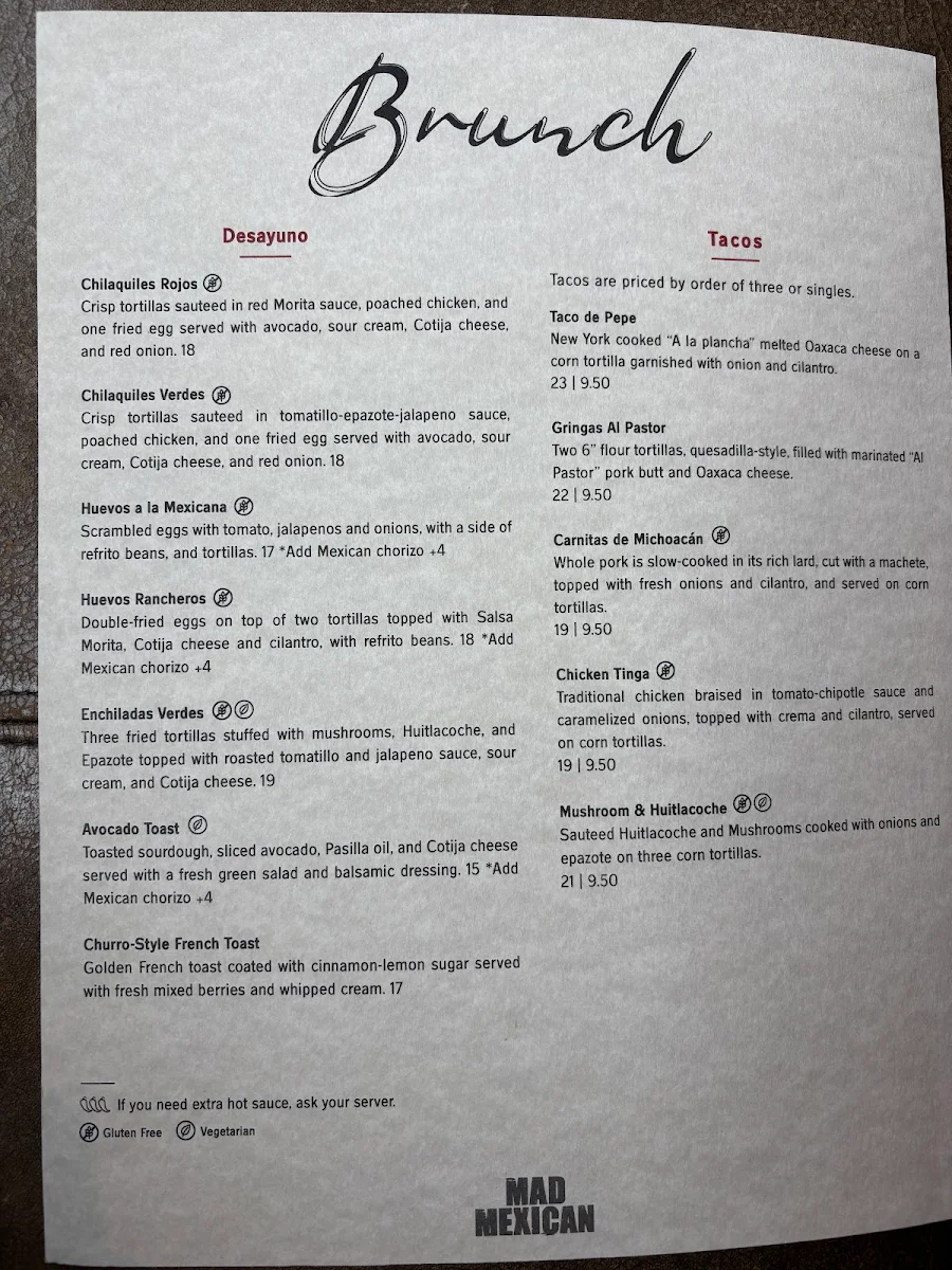 Menu, Mad Mexican Restaurant