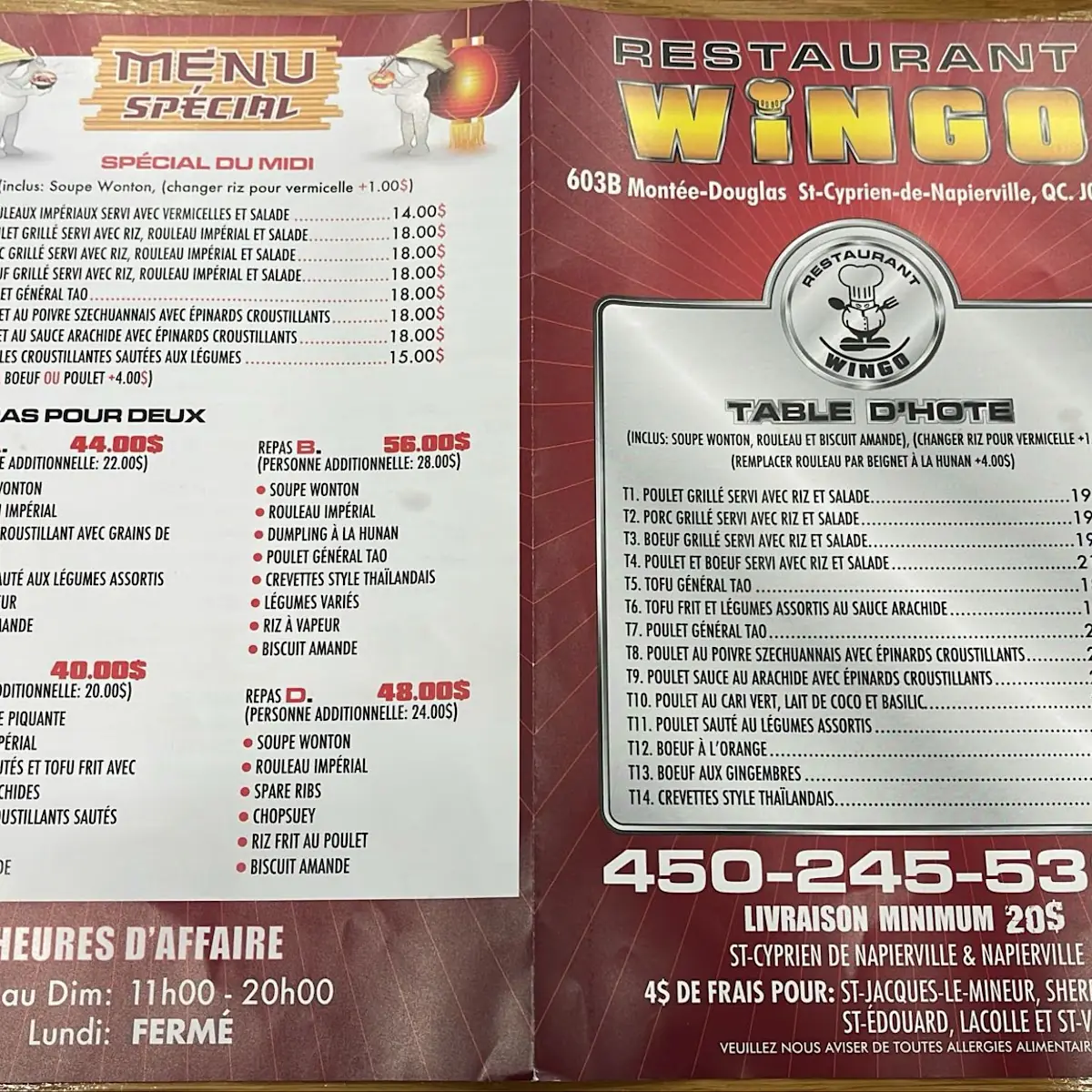 Menu, Restaurant Wingo (Napierville)