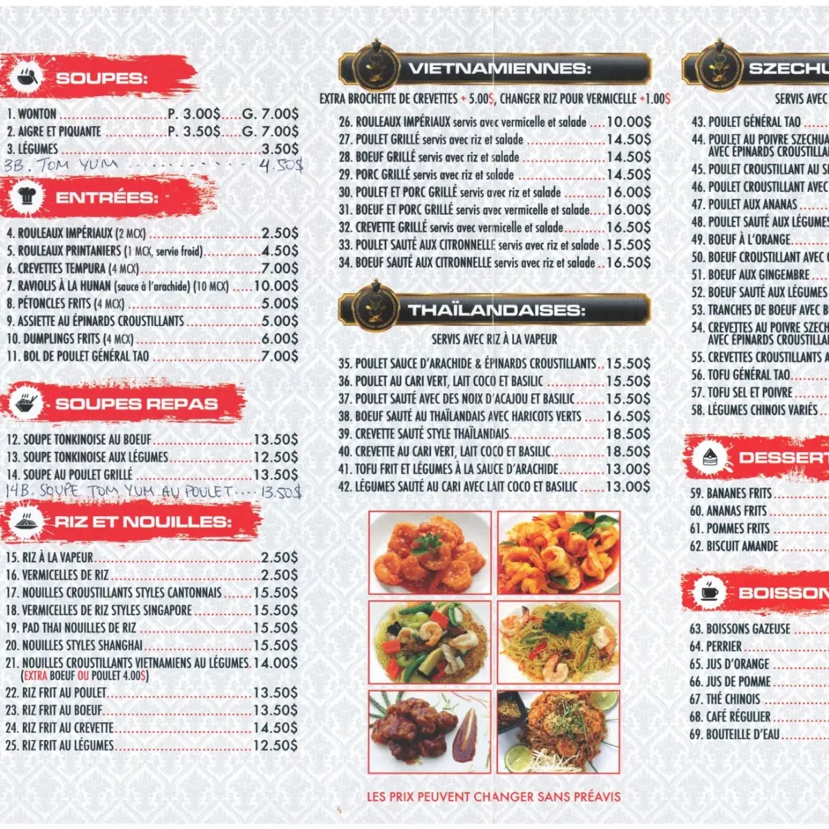 Menu, Restaurant Wingo (Napierville)