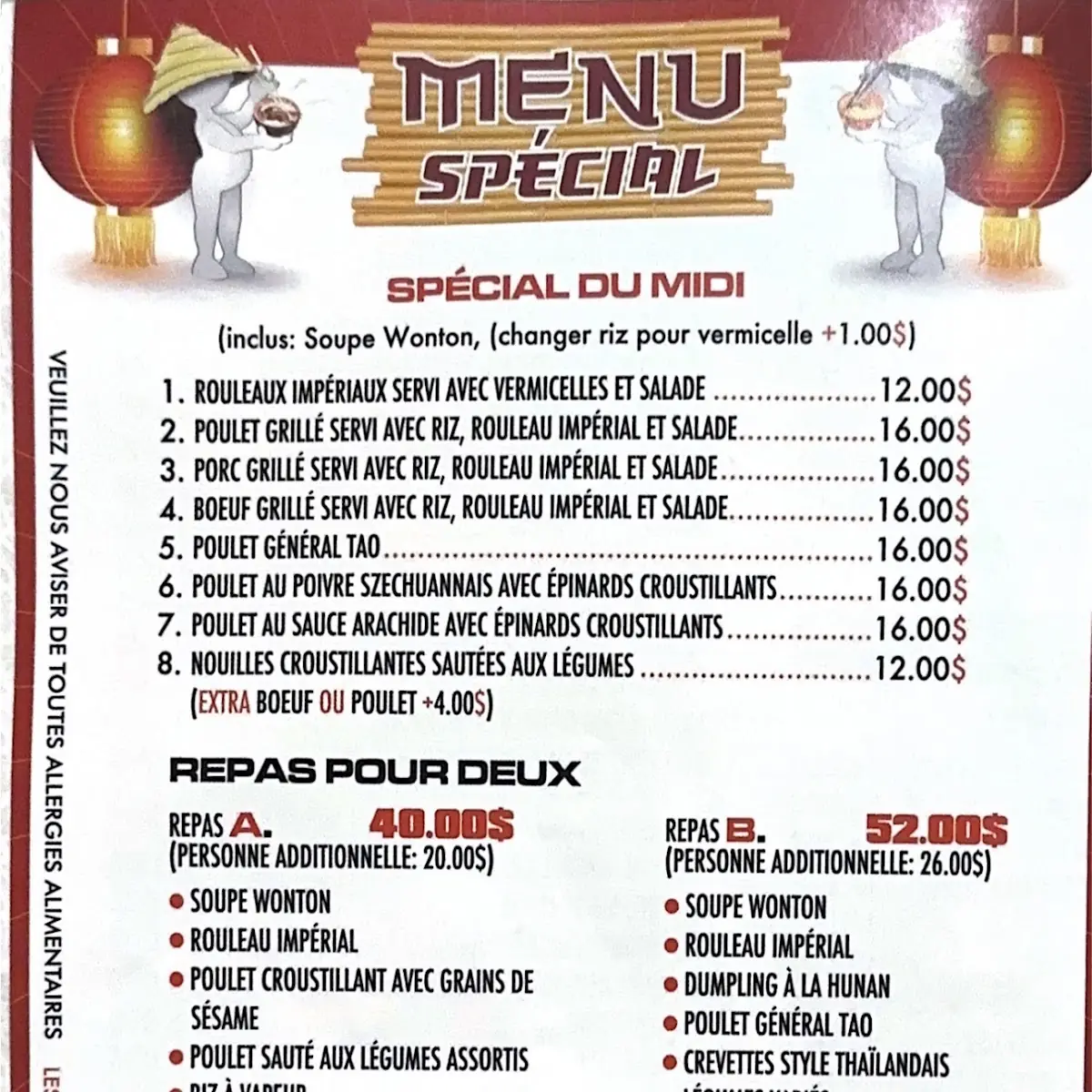 Menu, Restaurant Wingo (Napierville)