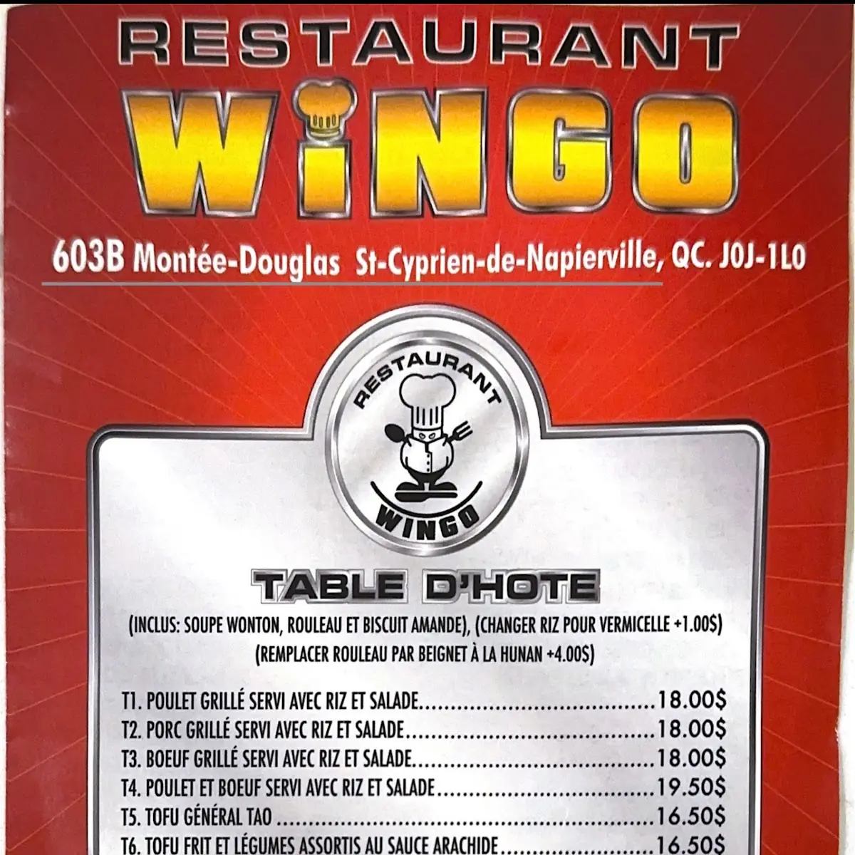Menu, Restaurant Wingo (Napierville)