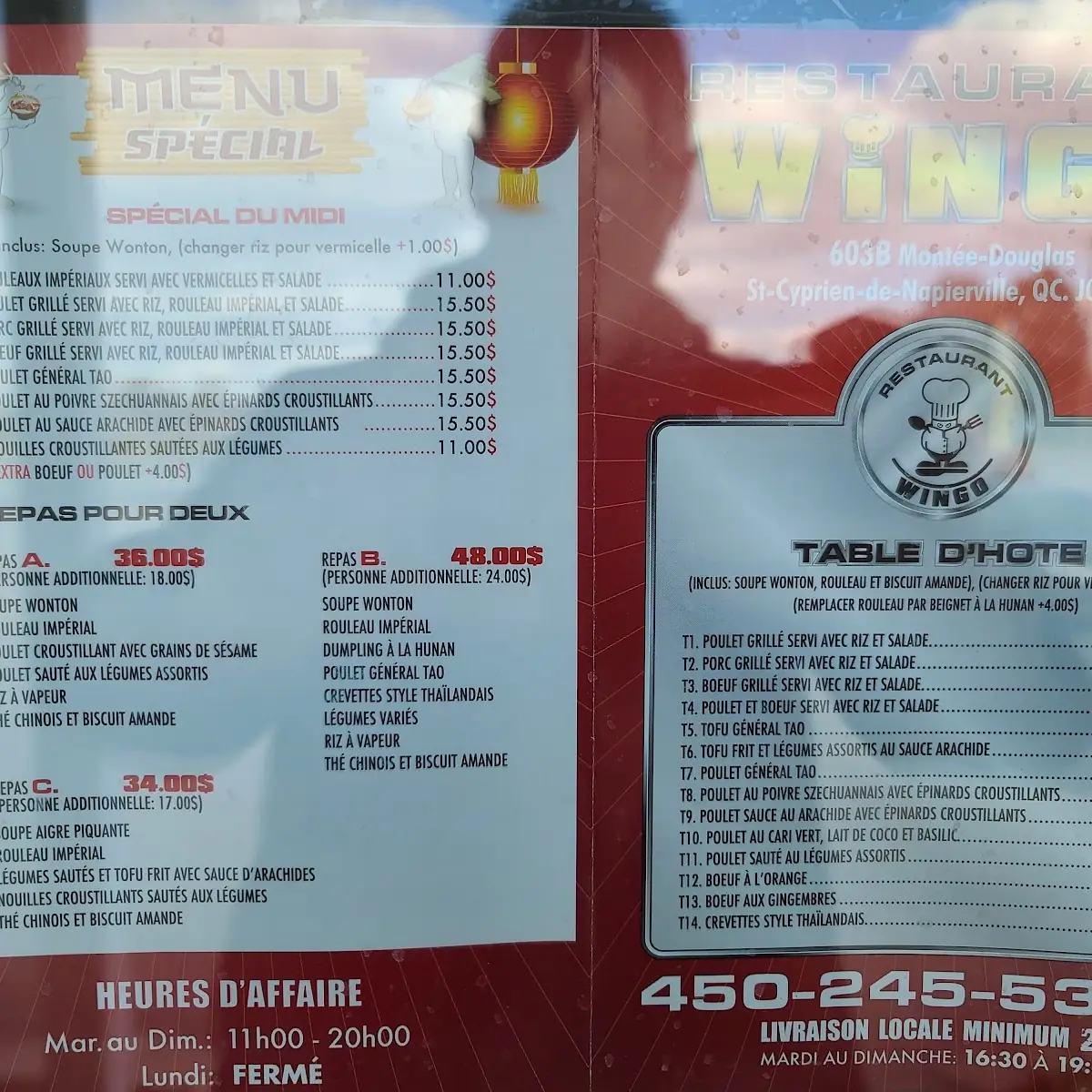 Menu, Restaurant Wingo (Napierville)