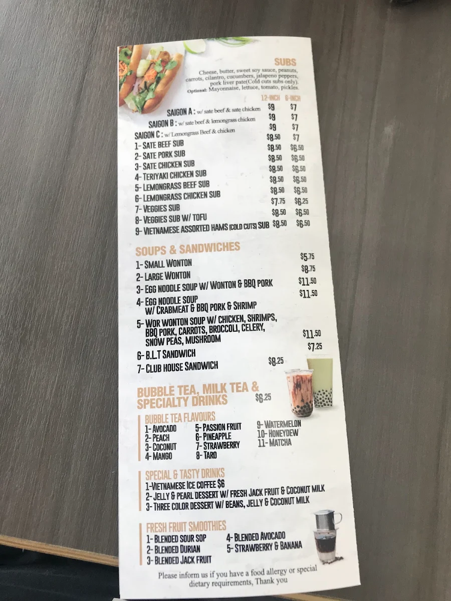 Menu, Little Saigon Subs