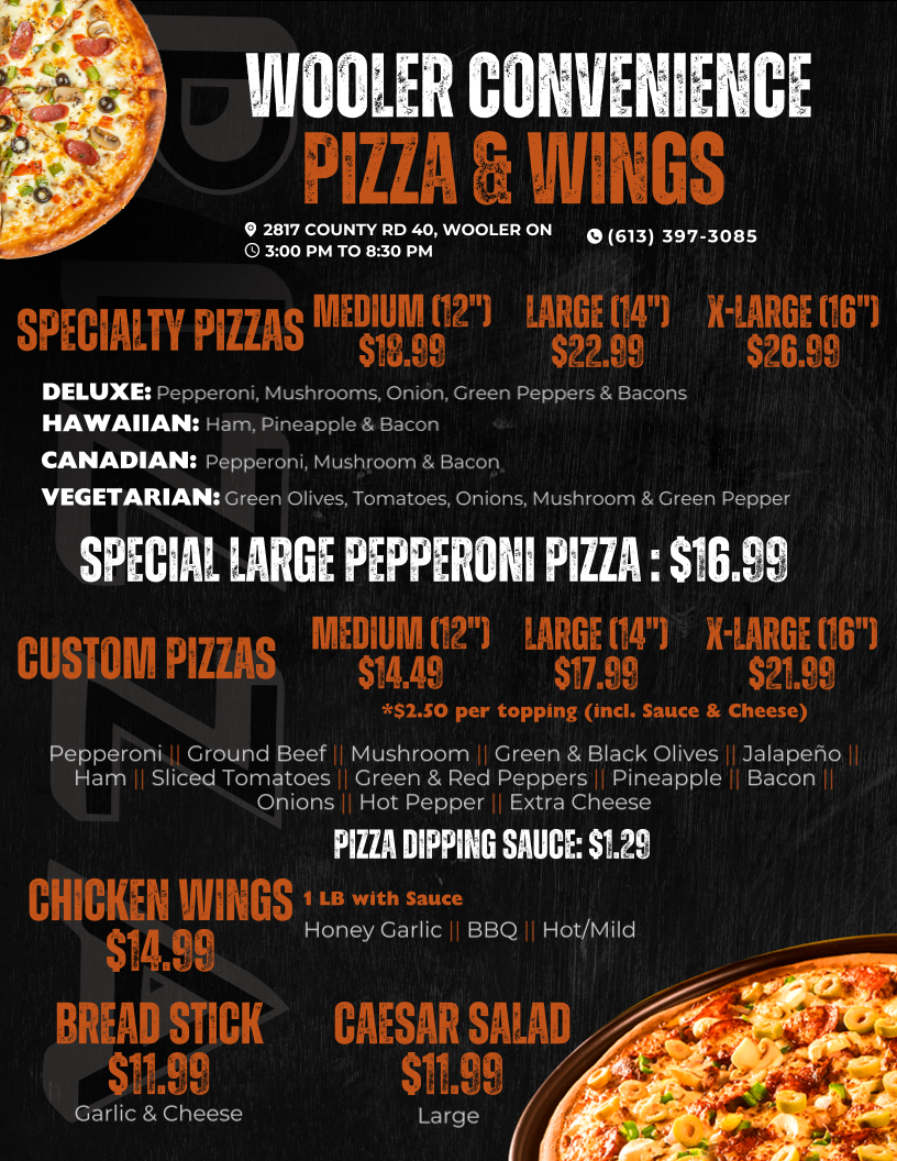 Menu, Wooler Pizza
