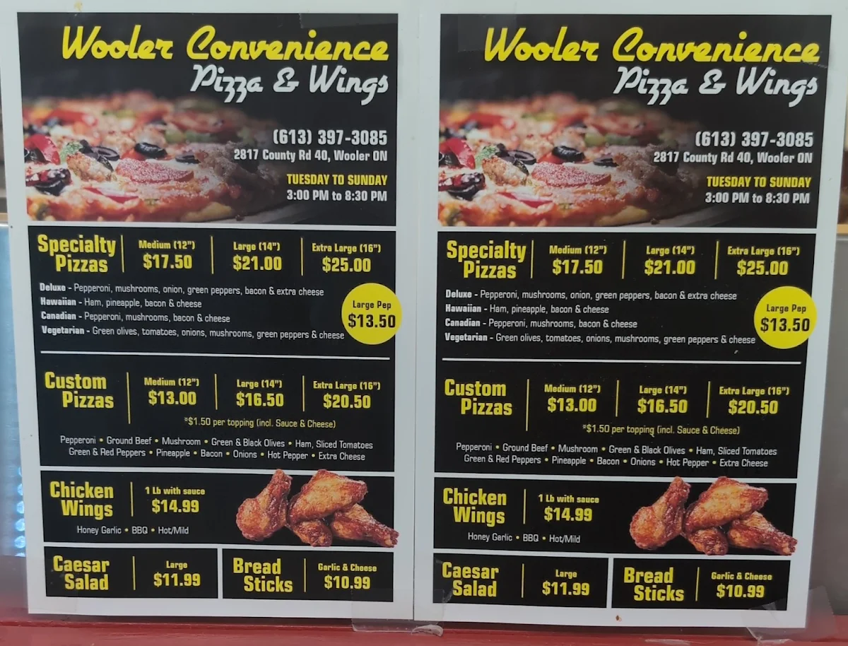 Menu, Wooler Pizza