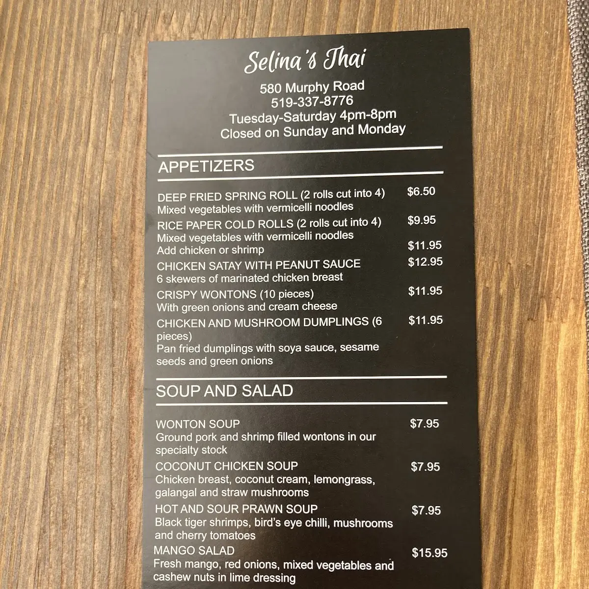 Menu, Selina's Thai