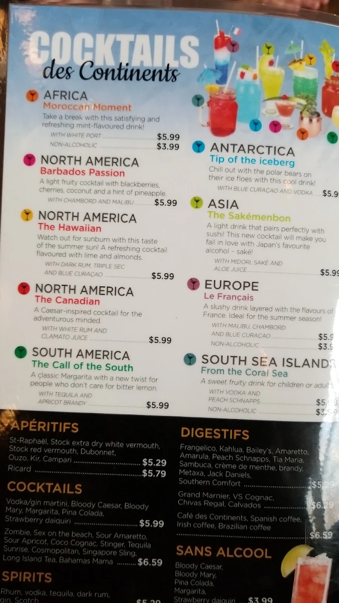 Menu, Buffet des Continents - Gatineau