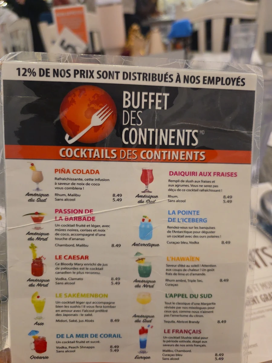 Menu, Buffet des Continents - Gatineau