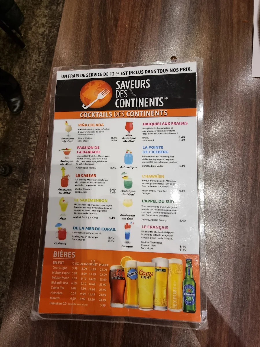 Menu, Buffet des Continents - Gatineau