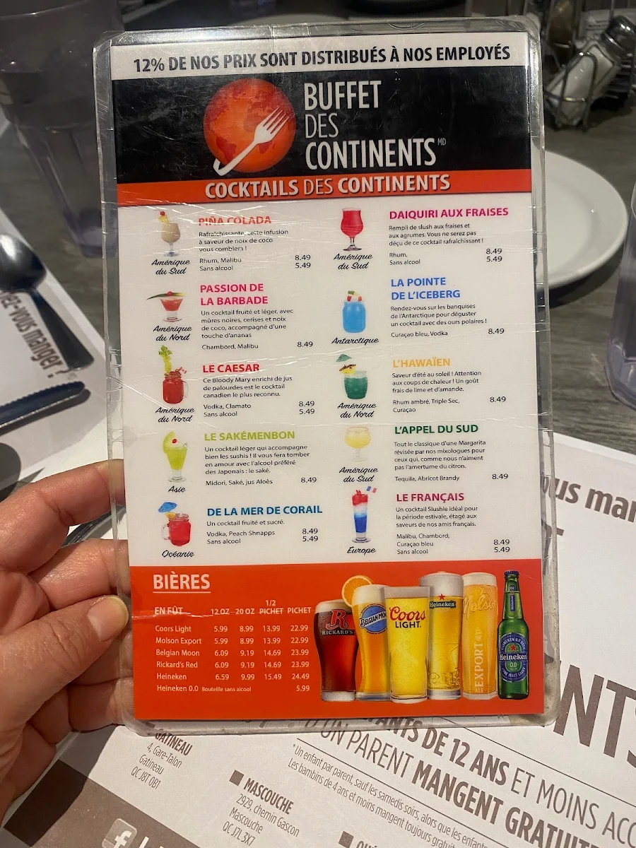 Menu, Buffet des Continents - Gatineau