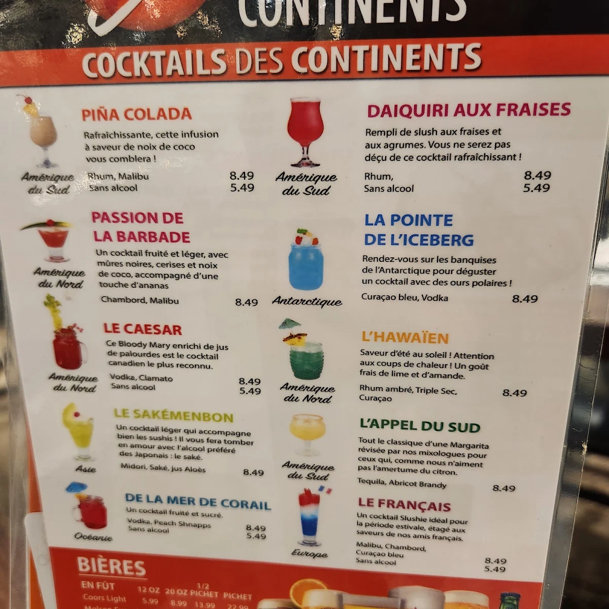 Menu, Buffet des Continents - Gatineau