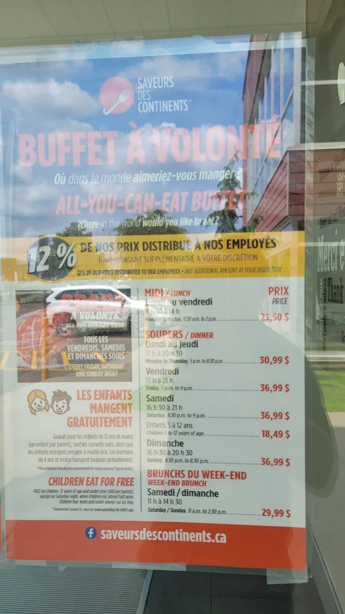Menu, Buffet des Continents - Gatineau