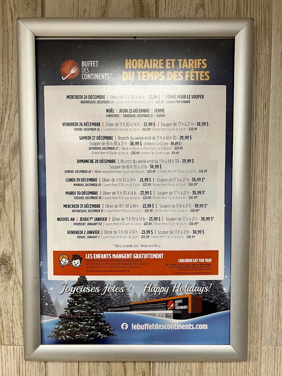 Menu, Buffet des Continents - Gatineau