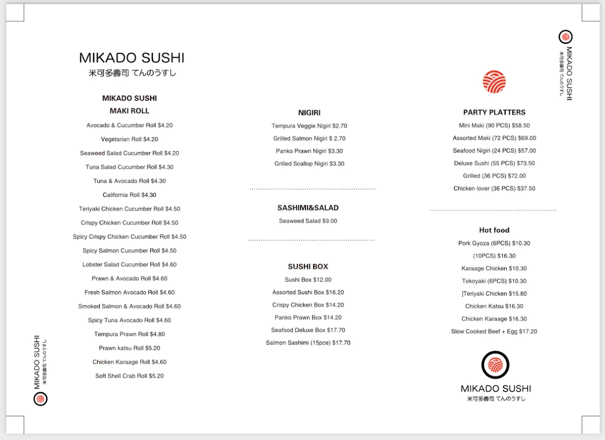 Menu, Mikado Sushi
