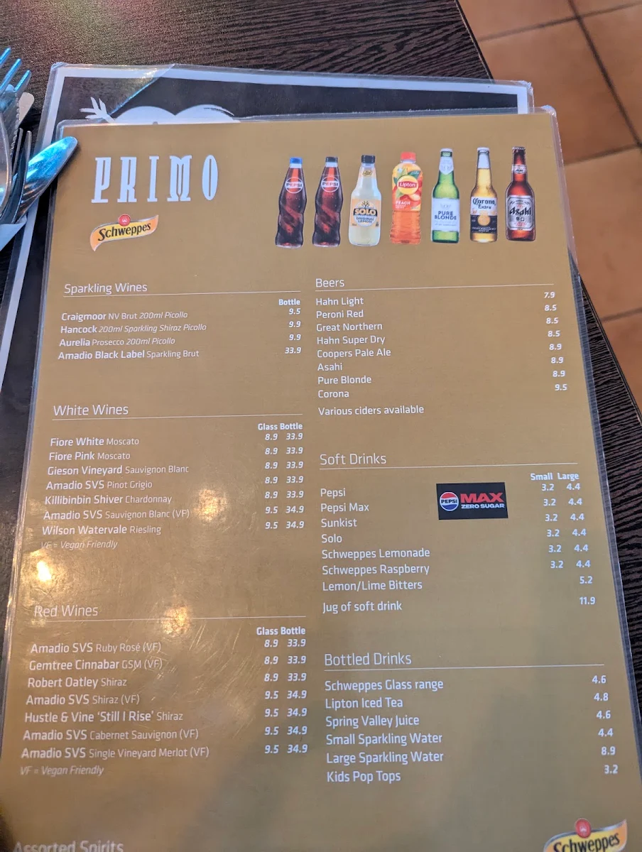 Menu, Caffe Primo