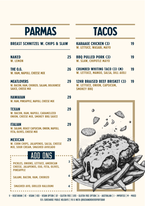 Menu, Ruck & Rover Sports Bar