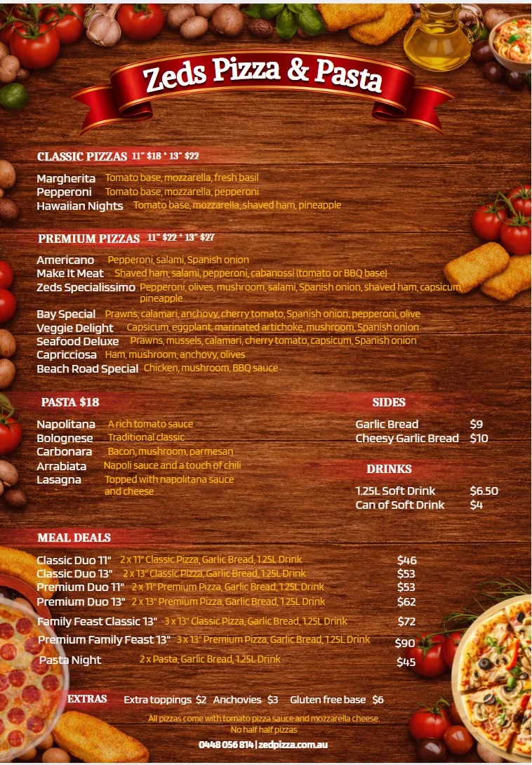 Menu, Zeds Pizza and Pasta