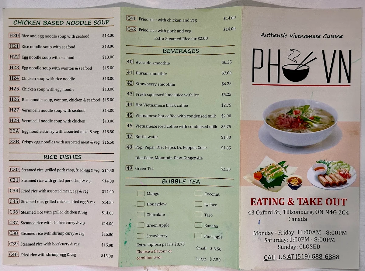 Menu, PHO VN Restaurant