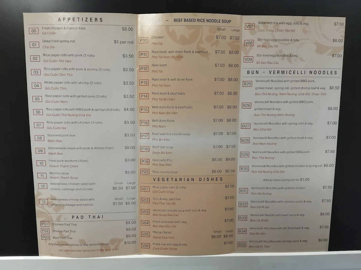 Menu, PHO VN Restaurant