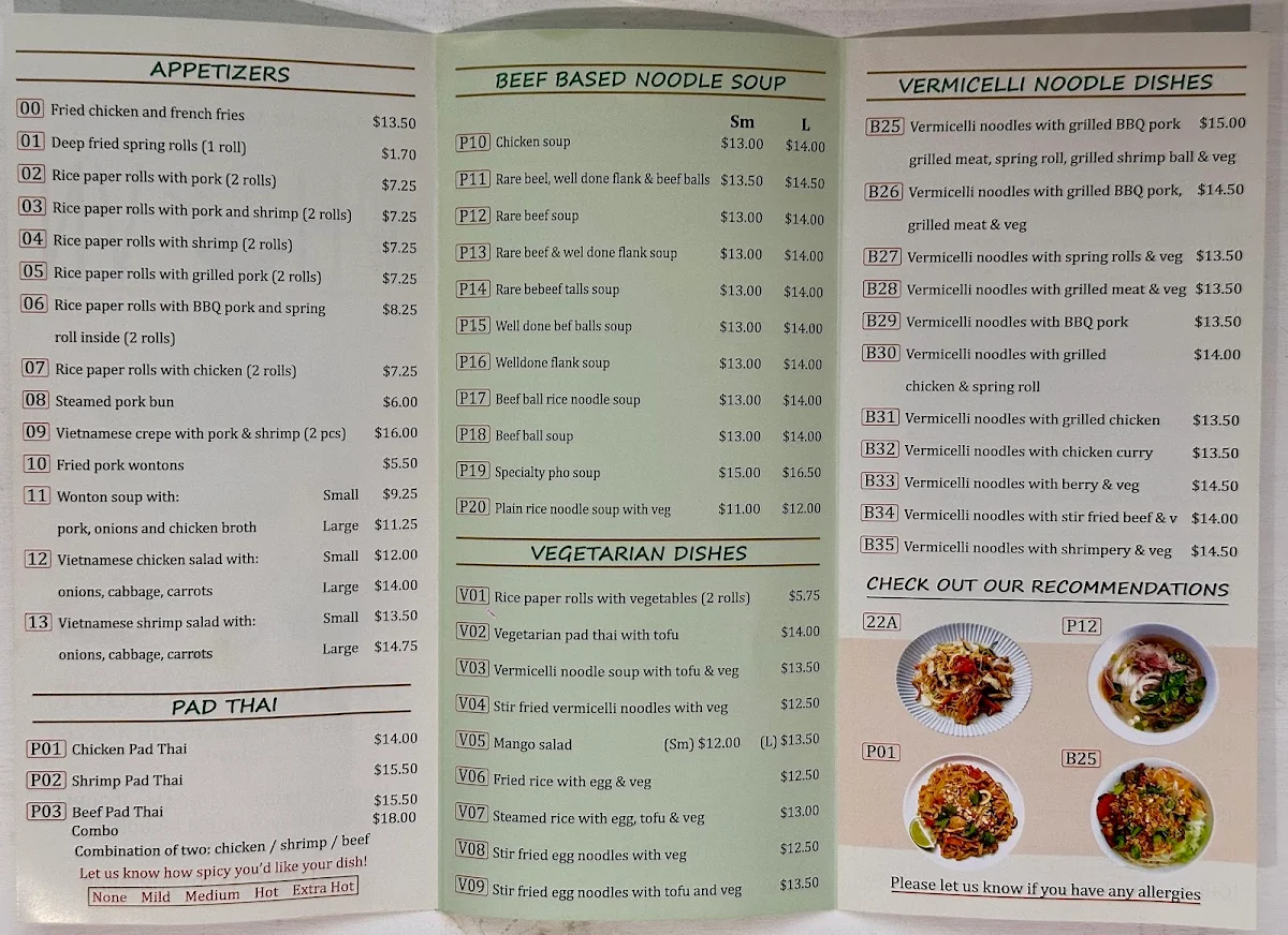 Menu, PHO VN Restaurant