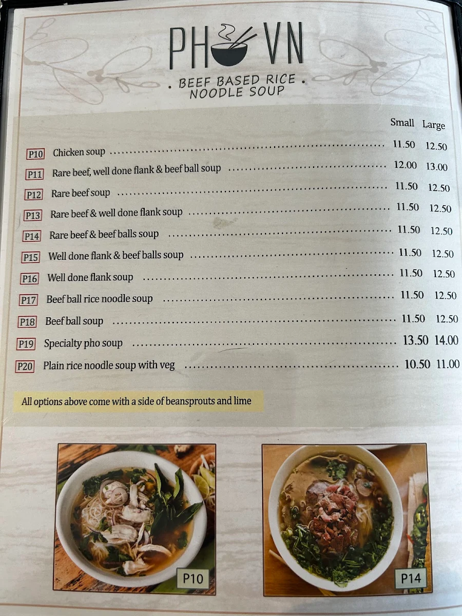 Menu, PHO VN Restaurant