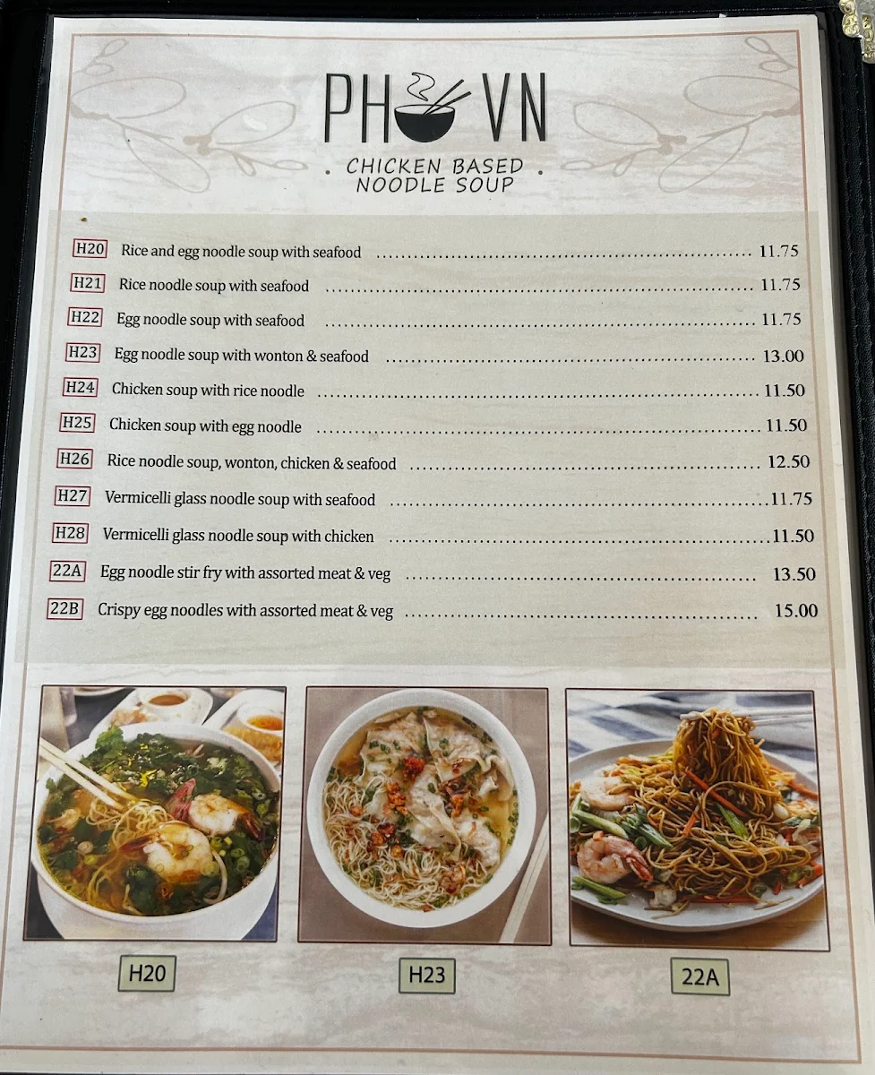 Menu, PHO VN Restaurant