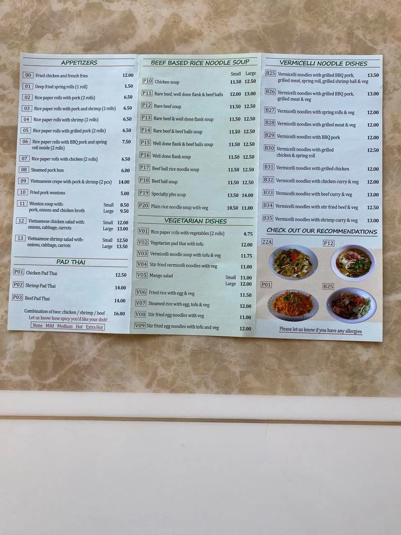 Menu, PHO VN Restaurant