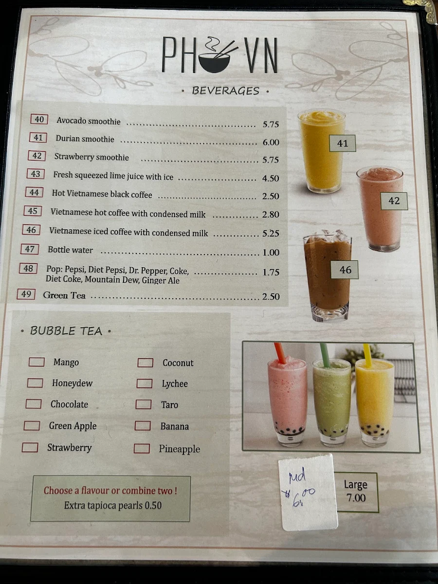 Menu, PHO VN Restaurant