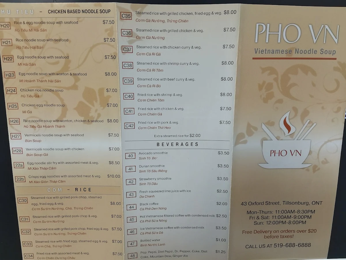 Menu, PHO VN Restaurant