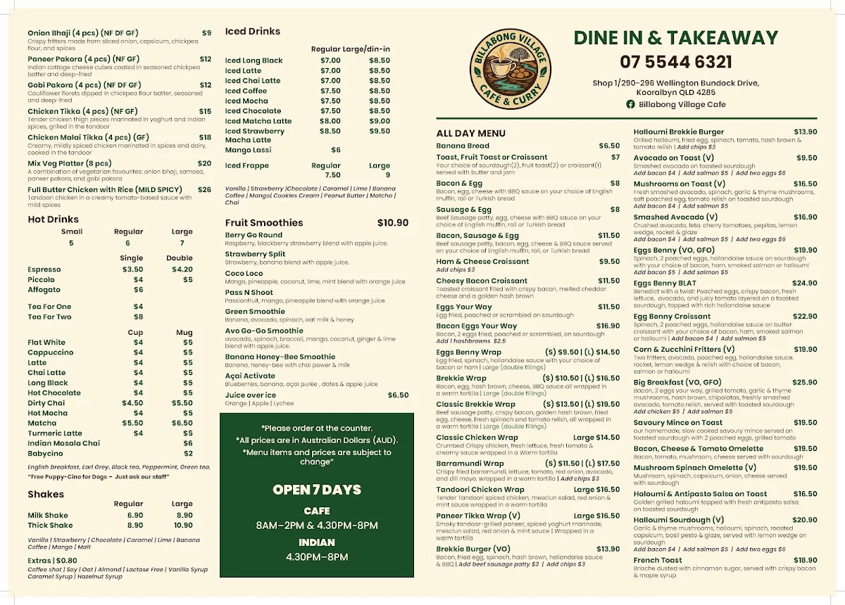 Menu, Billabong Curry Cafe & Bar