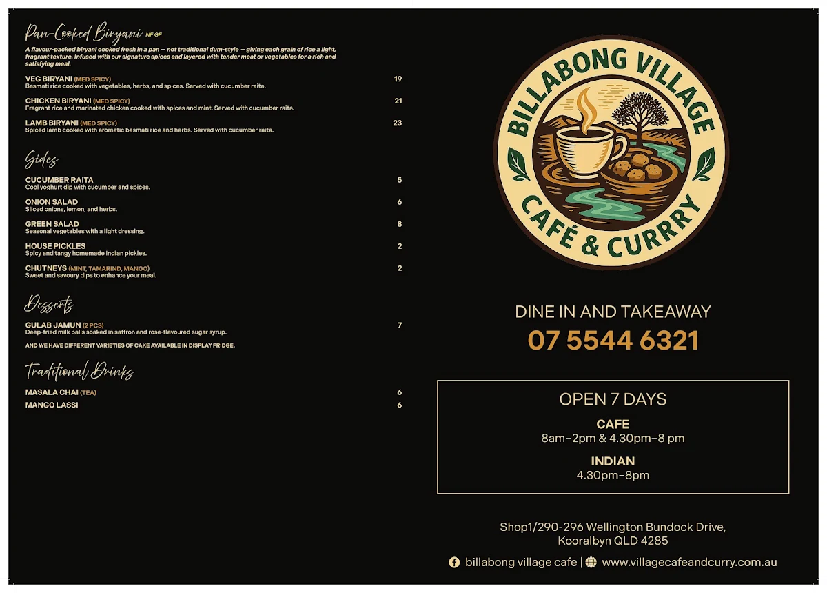 Menu, Billabong Curry Cafe & Bar