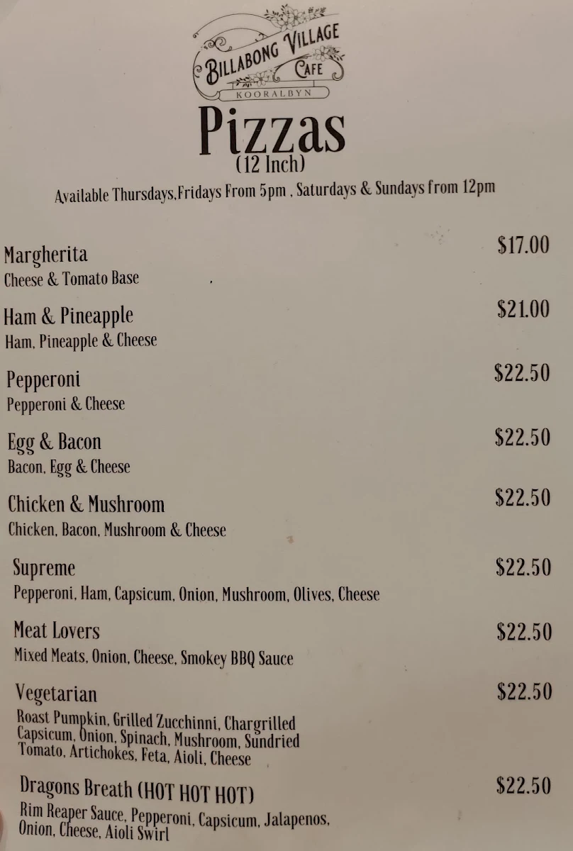 Menu, Billabong Curry Cafe & Bar
