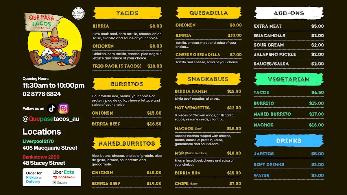 Menu, Que Pasa Tacos Liverpool
