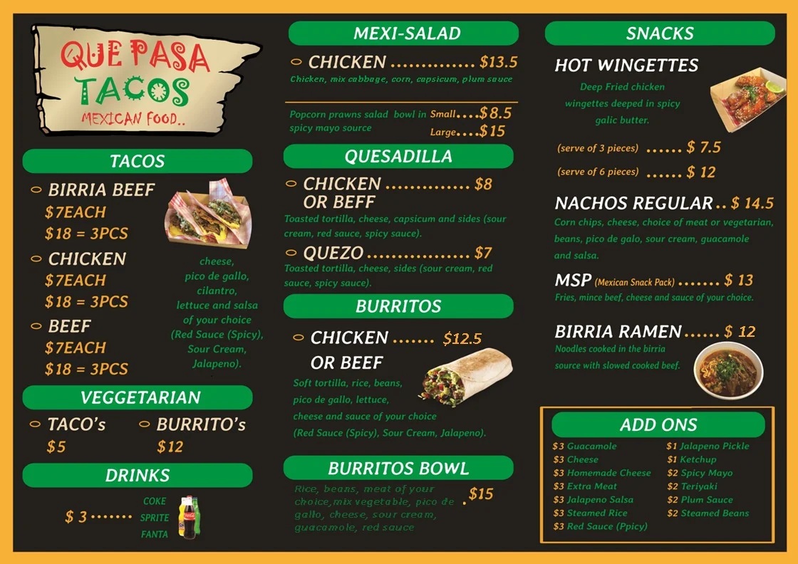 Menu, Que Pasa Tacos Liverpool