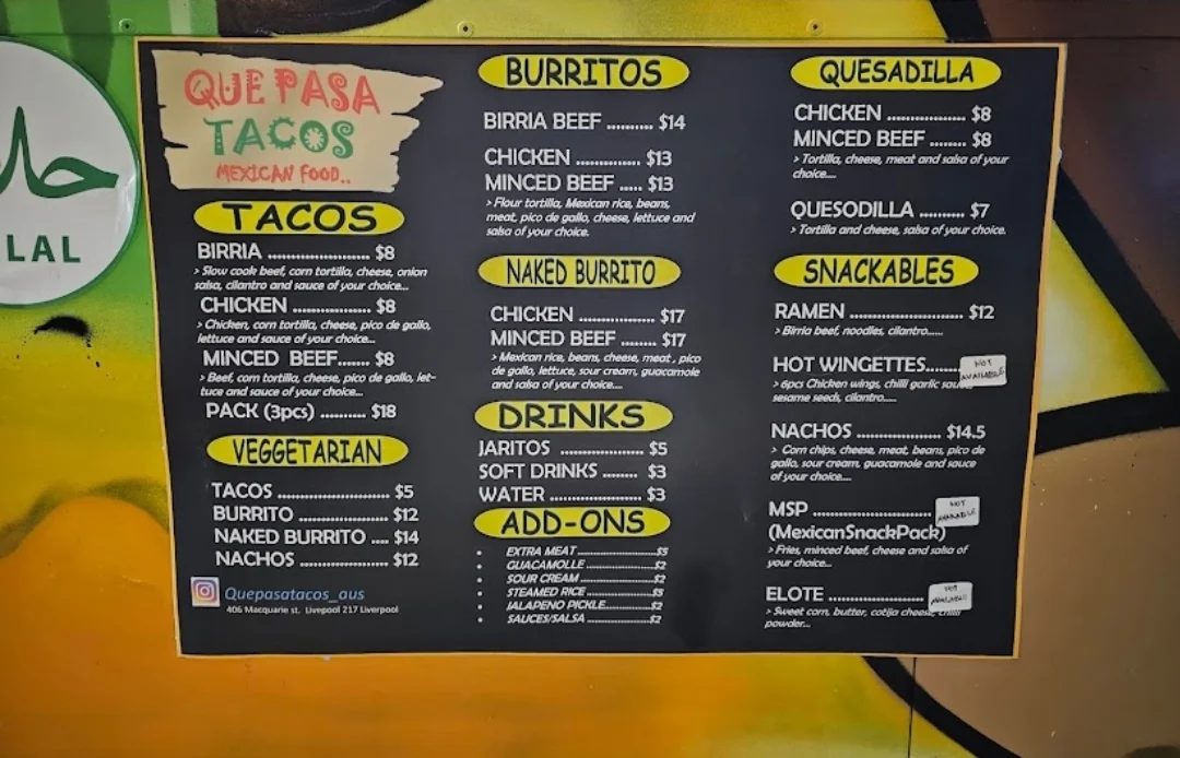 Menu, Que Pasa Tacos Liverpool