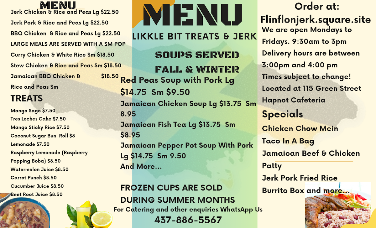 Menu, Likkle Bit Treats & Jerk